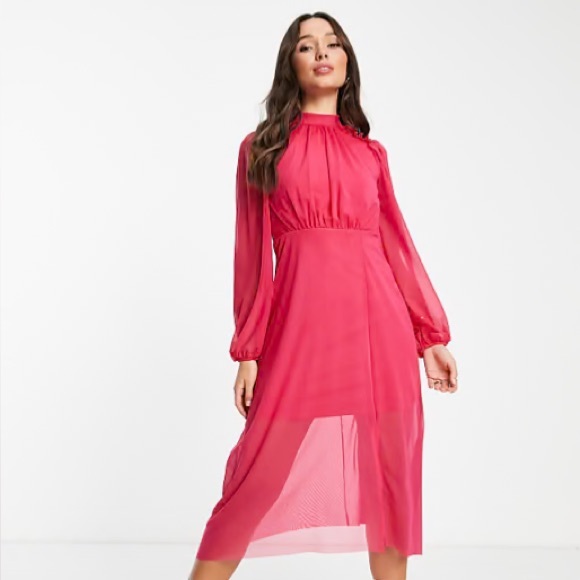 💄💋 Lipstick Pink Retro Midi Dress, Sexy Sheer Sleeves and Back, Size 6, ASOS - Picture 4 of 9